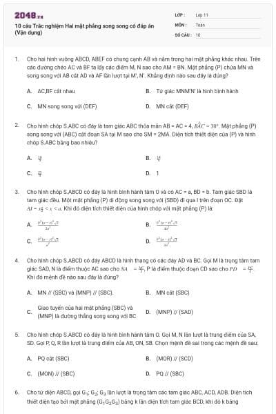 10 câu Trắc nghiệm Hai mặt phẳng song song có đáp án (Vận dụng)