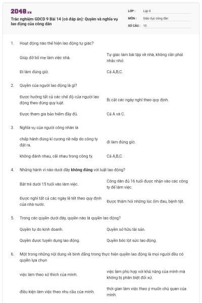 Trắc nghiệm GDCD 9 Bài 14 (có đáp án): Quyền và nghĩa vụ lao động của công dân