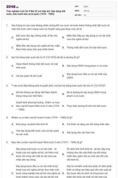 Trắc nghiệm Lịch Sử 9 Bài 32 (có đáp án): Xây dựng đất nước, đấu tranh bảo vệ tổ quốc (1976 - 1985)