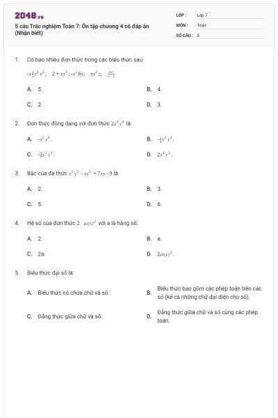 5 câu Trắc nghiệm Toán 7: Ôn tập chương 4 có đáp án (Nhận biết)