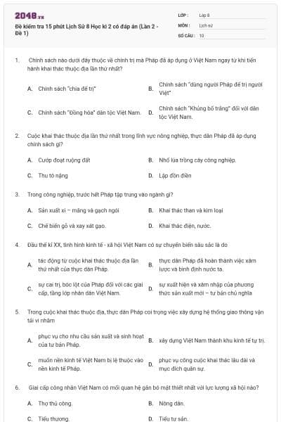 Đề kiểm tra 15 phút Lịch Sử 8 Học kì 2 có đáp án (Lần 2 - Đề 1)