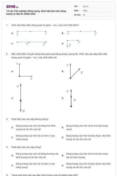 10 câu  Trắc nghiệm Động lượng. Định luật bảo toàn động lượng có đáp án (Nhận biết)