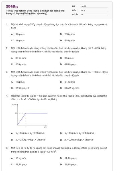 15 câu  Trắc nghiệm Động lượng. Định luật bảo toàn động lượng có đáp án (Thông hiểu, Vận dụng)
