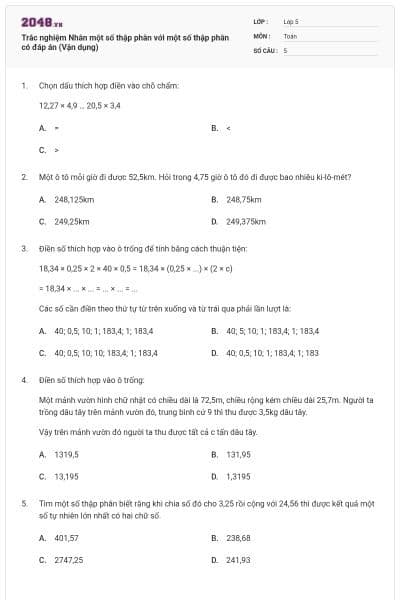 Trắc nghiệm Nhân một số thập phân với một số thập phân có đáp án (Vận dụng)