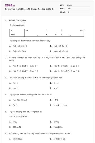 Đề kiểm tra 45 phút Đại số 10 Chương 4 có đáp án (Đề 3)