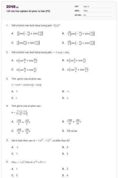 125 câu trắc nghiệm Số phức cơ bản (P5)