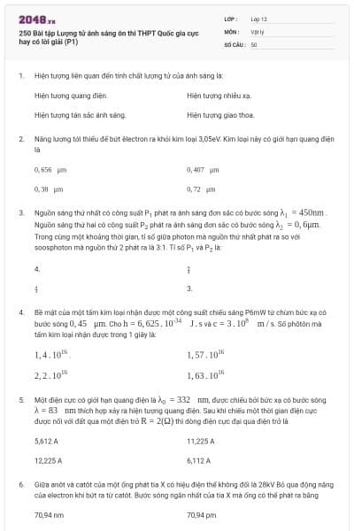 250 Bài tập Lượng tử ánh sáng ôn thi THPT Quốc gia cực hay có lời giải (P1)