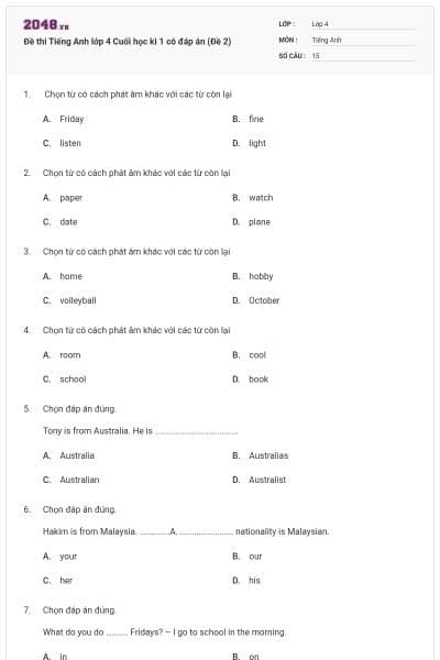 Đề thi Tiếng Anh lớp 4 Cuối học kì 1 có đáp án (Đề 2)