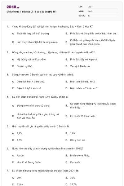 Đề kiểm tra 1 tiết Địa Lí 11 có đáp án (Đề 18)