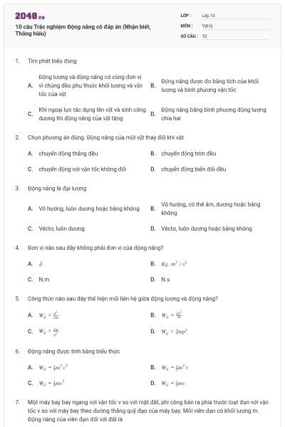 10 câu  Trắc nghiệm Động năng có đáp án (Nhận biết, Thông hiểu)