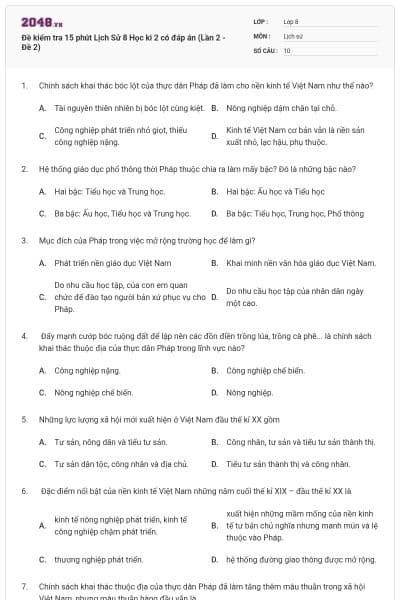 Đề kiểm tra 15 phút Lịch Sử 8 Học kì 2 có đáp án (Lần 2 - Đề 2)