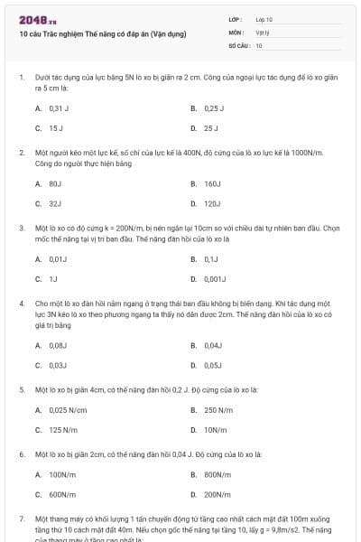 10 câu  Trắc nghiệm Thế năng có đáp án (Vận dụng)