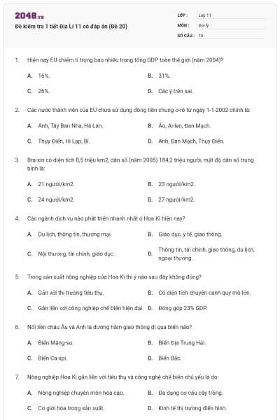 Đề kiểm tra 1 tiết Địa Lí 11 có đáp án (Đề 20)