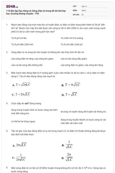 110 Bài tập Dao động và Sóng điện từ trong đề thi thử Đại học (trường không chuyên - P4)