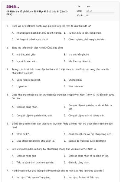 Đề kiểm tra 15 phút Lịch Sử 8 Học kì 2 có đáp án (Lần 2 - Đề 4)
