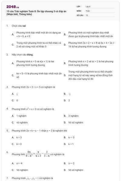 15 câu Trắc nghiệm Toán 8: Ôn tập chương 3 có đáp án (Nhận biết, Thông hiểu)
