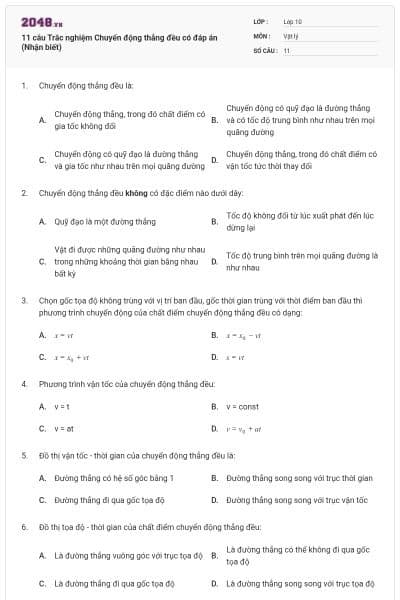 11 câu  Trắc nghiệm Chuyển động thẳng đều có đáp án (Nhận biết)