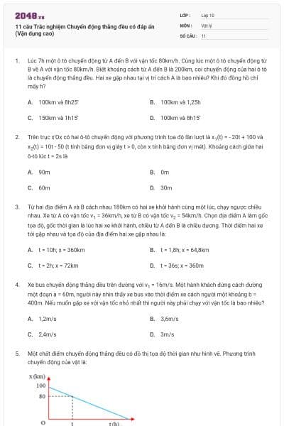 11 câu  Trắc nghiệm Chuyển động thẳng đều có đáp án (Vận dụng cao)