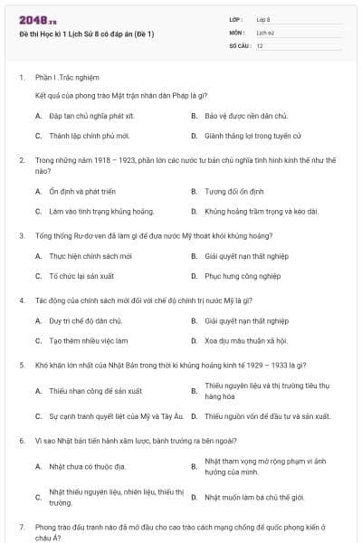 Đề thi Học kì 1 Lịch Sử 8 có đáp án (Đề 1)