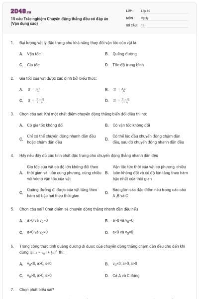 15 câu  Trắc nghiệm Chuyển động thẳng đều có đáp án (Vận dụng cao)