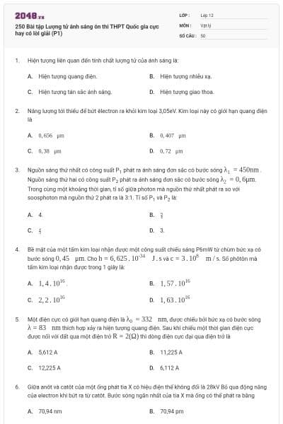 250 Bài tập Lượng tử ánh sáng ôn thi THPT Quốc gia cực hay có lời giải (P1)