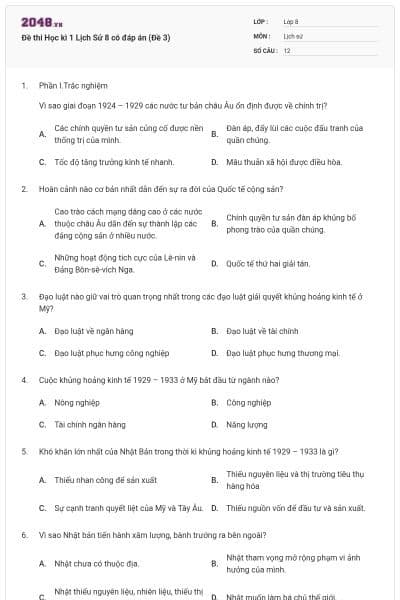 Đề thi Học kì 1 Lịch Sử 8 có đáp án (Đề 3)