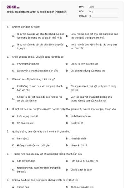 10 câu Trắc nghiệm Sự rơi tự do có đáp án (Nhận biết)