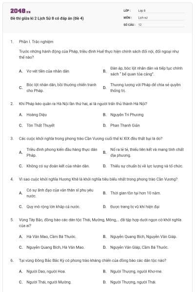 Đề thi giữa kì 2 Lịch Sử 8 có đáp án (Đề 4)