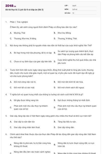 Đề thi Học kì 2 Lịch Sử 8 có đáp án (Đề 3)