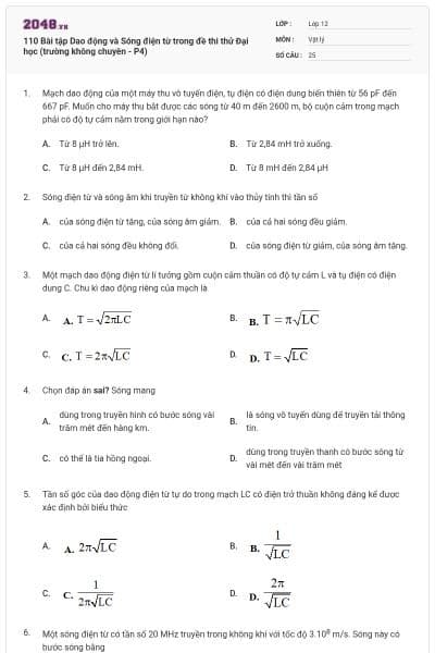 110 Bài tập Dao động và Sóng điện từ trong đề thi thử Đại học (trường không chuyên - P4)