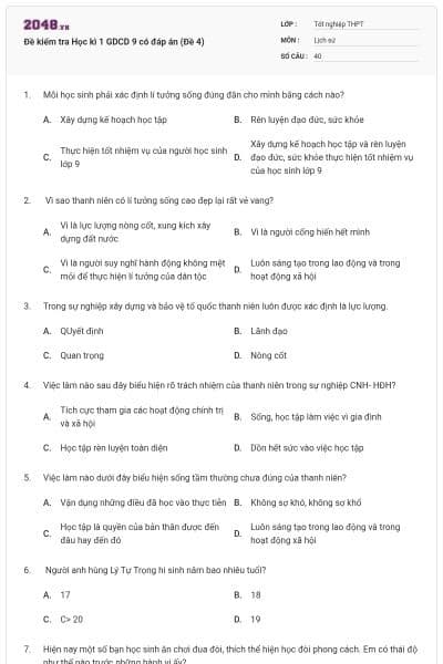 Đề kiểm tra Học kì 1 GDCD 9 có đáp án (Đề 4)