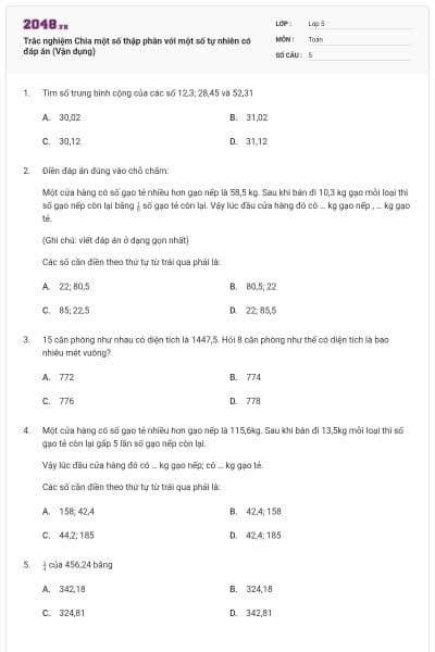 Trắc nghiệm Chia một số thập phân với một số tự nhiên có đáp án (Vận dụng)