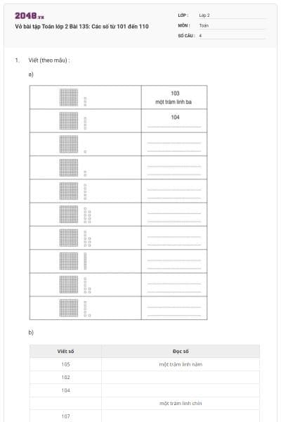 Vở bài tập Toán lớp 2 Bài 135: Các số từ 101 đến 110