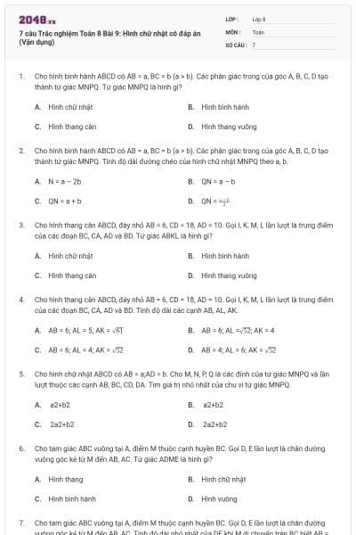 7 câu Trắc nghiệm Toán 8 Bài 9: Hình chữ nhật có đáp án (Vận dụng)