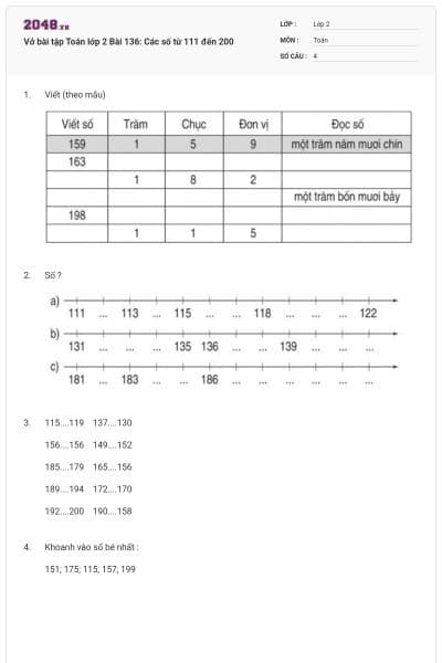 Vở bài tập Toán lớp 2 Bài 136: Các số từ 111 đến 200