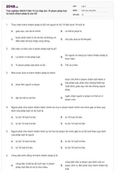 Trắc nghiệm GDCD 9 Bài 15 (có đáp án): Vi phạm pháp luật và trách nhiệm pháp lý của CD