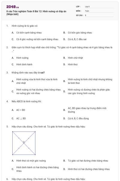 8 câu Trắc nghiệm Toán 8 Bài 12: Hình vuông có đáp án (Nhận biết)