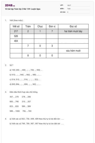 Vở bài tập Toán lớp 2 Bài 139: Luyện tậpa