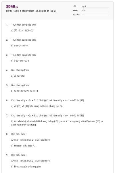 Đề thi Học kì 1 Toán 9 chọn lọc, có đáp án (Đề 2)