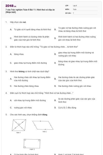 7 câu Trắc nghiệm Toán 8 Bài 11: Hình thoi có đáp án (Nhận biết)