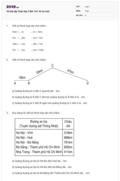 Vở bài tập Toán lớp 2 Bài 141: Ki-lô-mét