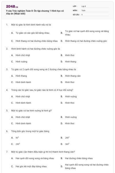 9 câu Trắc nghiệm Toán 8: Ôn tập chương 1 Hình học có đáp án (Nhận biết)