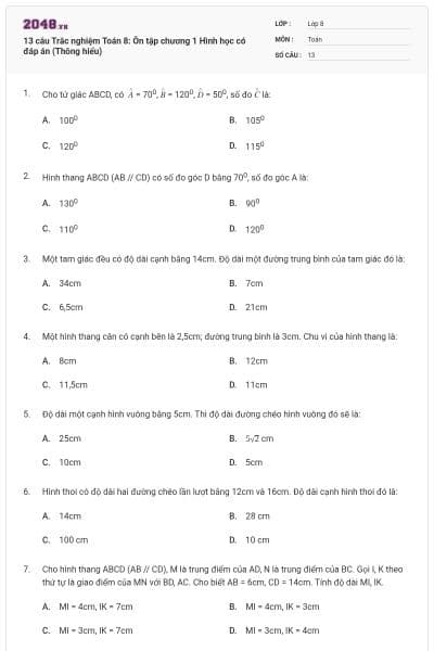 13 câu Trắc nghiệm Toán 8: Ôn tập chương 1 Hình học có đáp án (Thông hiểu)