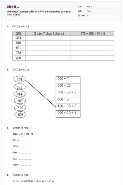 Vở bài tập Toán lớp 2 Bài 144: Viết số thành tổng các trăm, chục, đơn vị