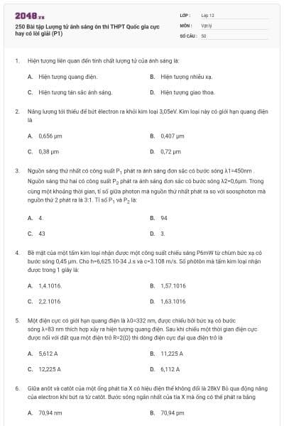 250 Bài tập Lượng tử ánh sáng ôn thi THPT Quốc gia cực hay có lời giải (P1)