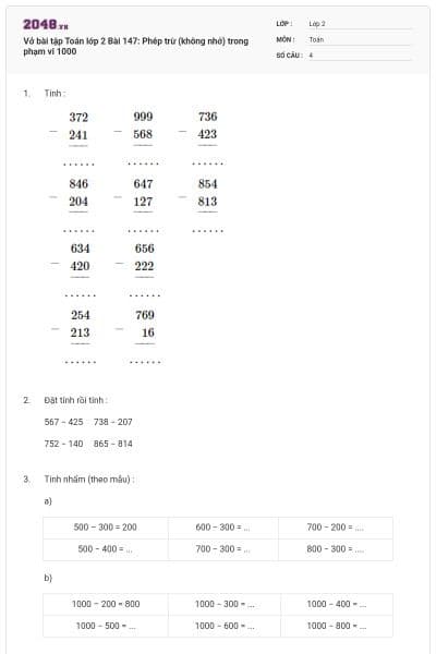 Vở bài tập Toán lớp 2 Bài 147: Phép trừ (không nhớ) trong phạm vi 1000