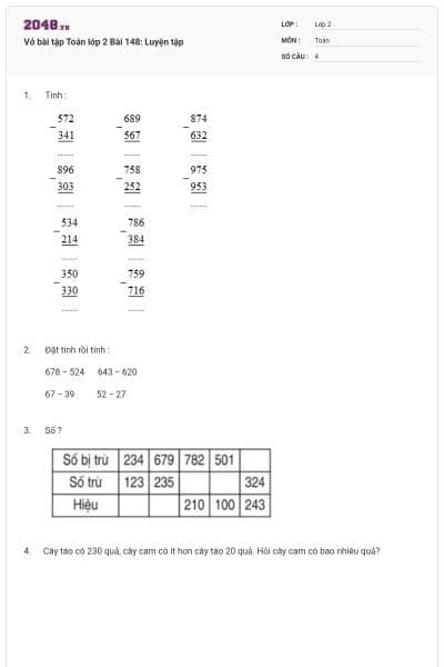 Vở bài tập Toán lớp 2 Bài 148: Luyện tập