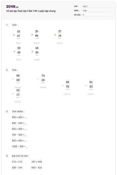 Vở bài tập Toán lớp 2 Bài 149: Luyện tập chung