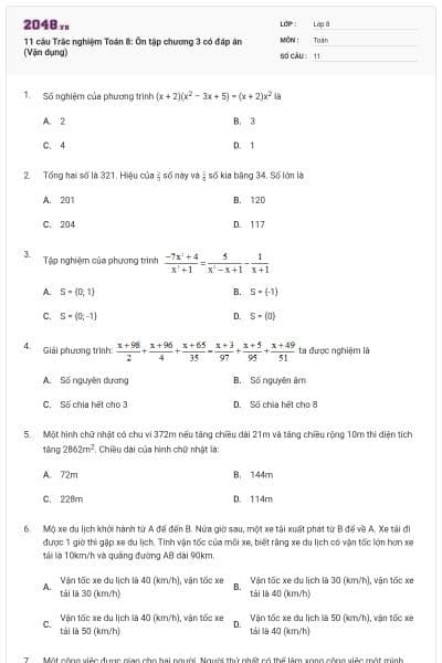 11 câu Trắc nghiệm Toán 8: Ôn tập chương 3 có đáp án (Vận dụng)