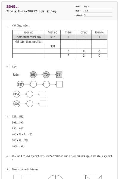 Vở bài tập Toán lớp 2 Bài 152: Luyện tập chung